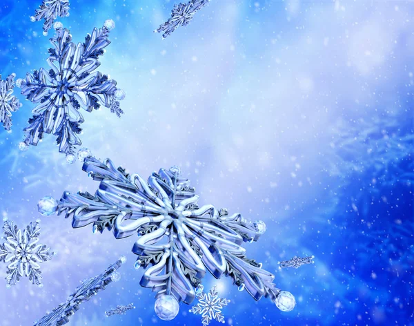 青い雪の背景に雪の結晶を飛んでください。. — ストック写真