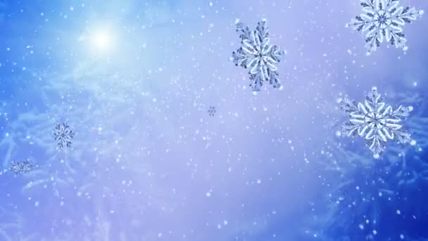 Vliegende sneeuwvlok op achtergrond van blauwe sneeuw. Slow motion. — Stockvideo