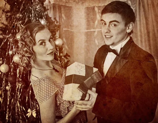 Retro vintage portrait of couple Christmas party. Black and white . — Stock Photo, Image