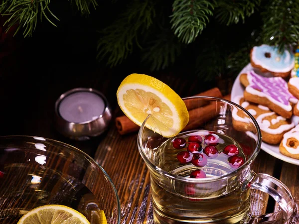 Top view of wine glasses part and Christmas cookies . — Stock Photo, Image