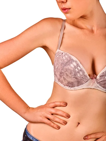Brust-Selbstuntersuchung von Frauen. Frau trägt BH. — Stockfoto