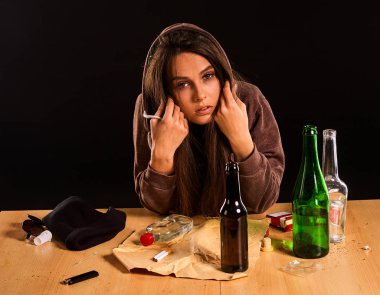Woman alcoholism is social problem. Female drinking cause poor health. clipart