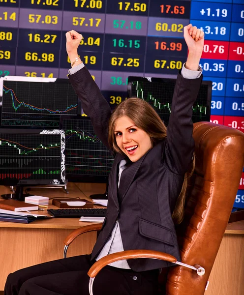 Forex trading woman in business office with chart and pc monitor. — Stock Photo, Image
