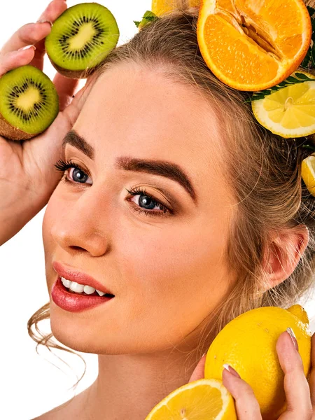 Woman hair fruits fresh mask on head growth. — Stock Photo, Image