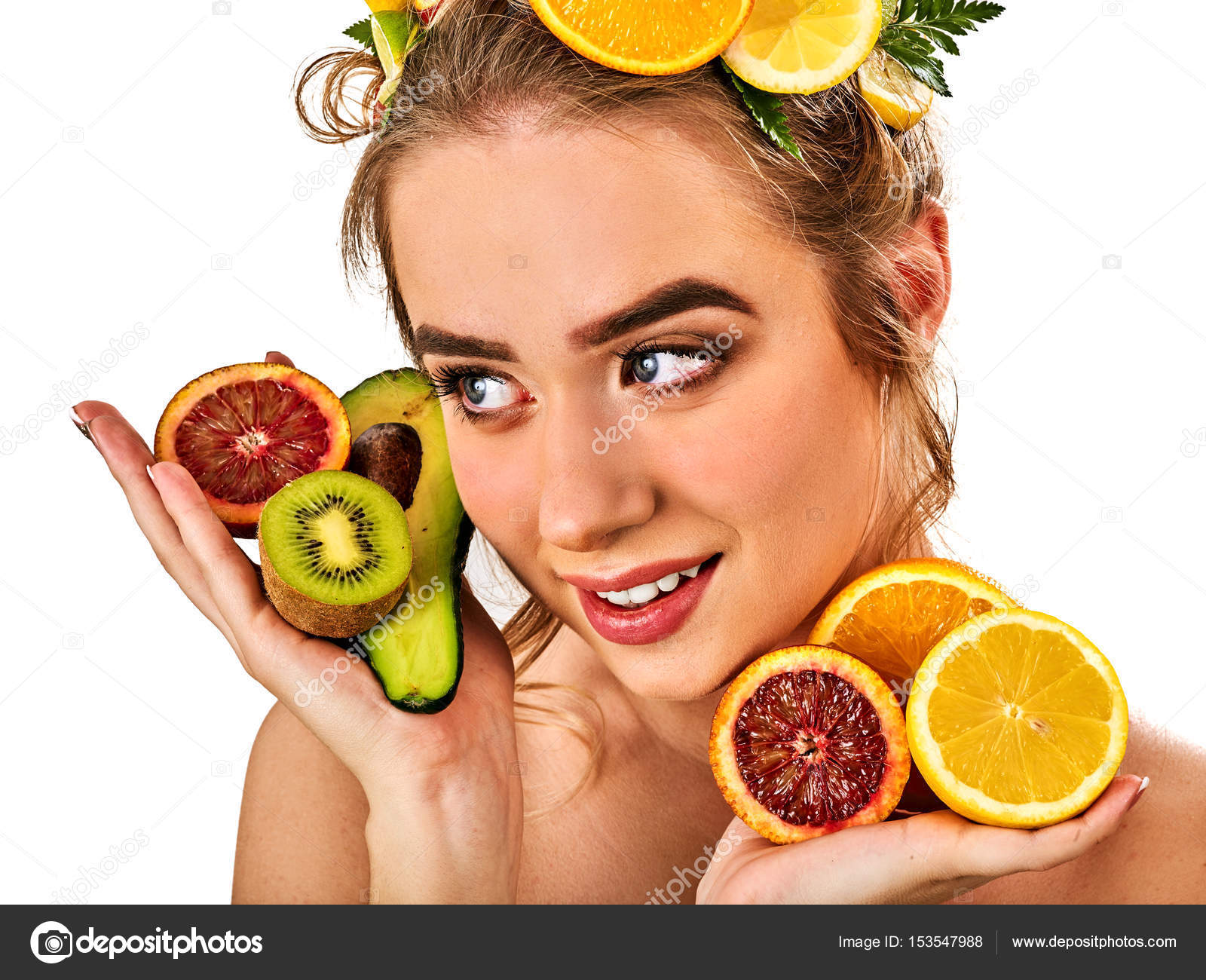 Hair mask from fresh fruits on woman head. Girl with beautiful face. Stock Photo by ©poznyakov 153547988 Hair mask from fresh fruits on woman head. Girl with beautiful face. Stock Photo by ©poznyakov 153547988