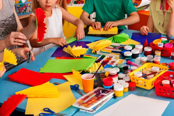 School children with scissors in kids hands cutting paper . — Stock Photo, Image