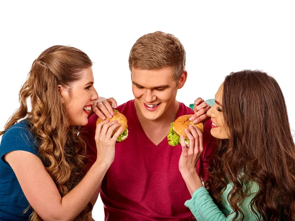 Grupp hamburgare snabbmat med skinka i människor händer . — Stockfoto