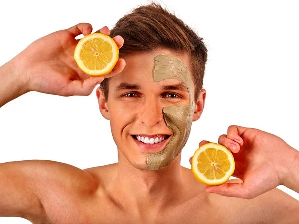 Facial man mask from fruits and clay . Face mud applied. — Stock Photo, Image