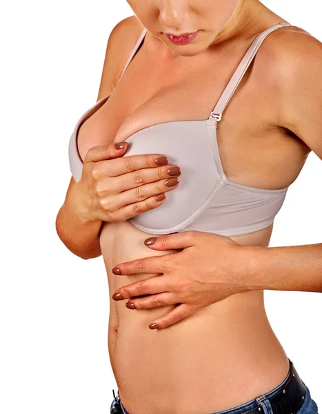 Brust-Selbstuntersuchung von Frauen. Frau berühren BH. — Stockfoto