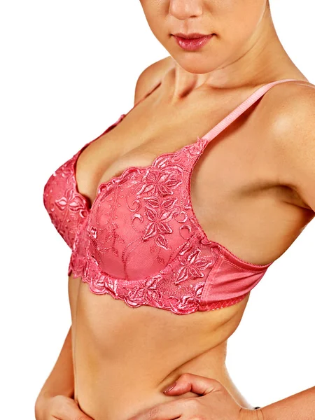 Breast self exam of women. Woman wearing bra. — Stock Photo, Image