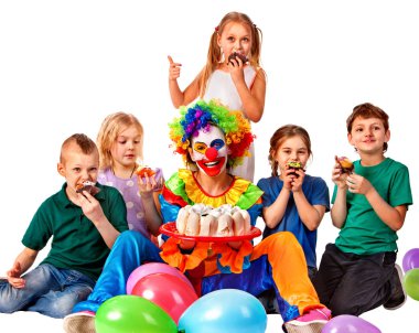 Birthday child clown playing with children. Kid holiday cakes celebratory. clipart