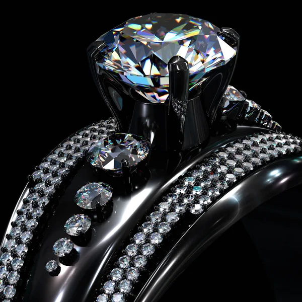 与钻石宝石黑金色涂层订婚戒指. — 图库照片