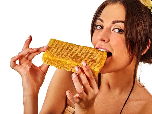 Facial honey mask for woman lips. Honeycombs homemade organic threatment.