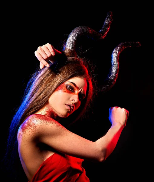Black magic ritual mad satan woman in hell on Halloween. — Stock Photo, Image