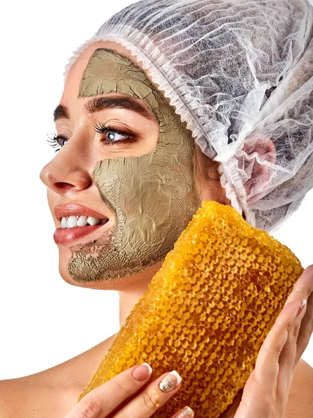 Facial honey clay face mask woman. Honeycombs homemade organic threatment. — Stock Photo, Image