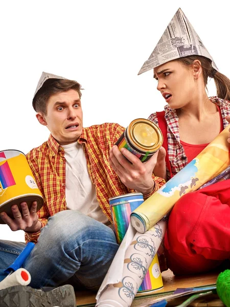 Repair family by happy couple building home. Quarrel family. — Stock Photo, Image