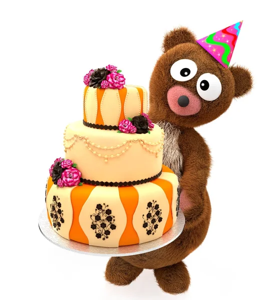 Bear Stuffed Animals with Big Eyes hold Birthday sweet cake.