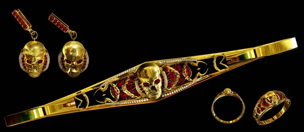 Sieraden goud schedel set met diamant en rode ruby edelstenen. — Stockfoto