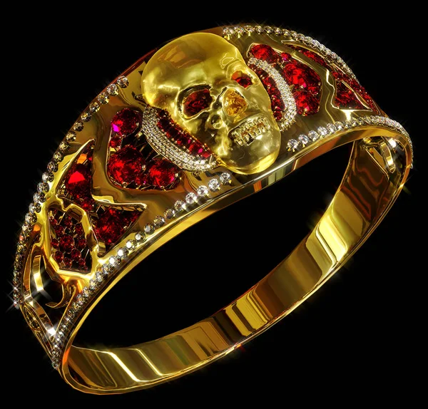 Jewelry gold skull ring with diamond and red ruby gems. — Stock Photo, Image