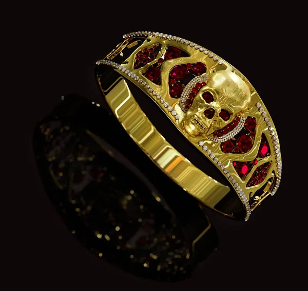 Кольцо из золотого черепа с бриллиантом и красными рубиновыми камнями . — стоковое фото