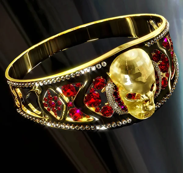 Juwelen goud skull ring with diamond en rode ruby edelstenen. — Stockfoto