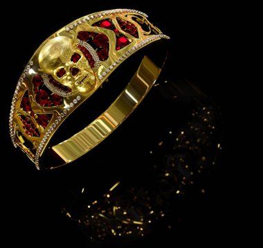 Takı Altın kafatası yüzük elmas ve yakut kırmızı taşlar ile.