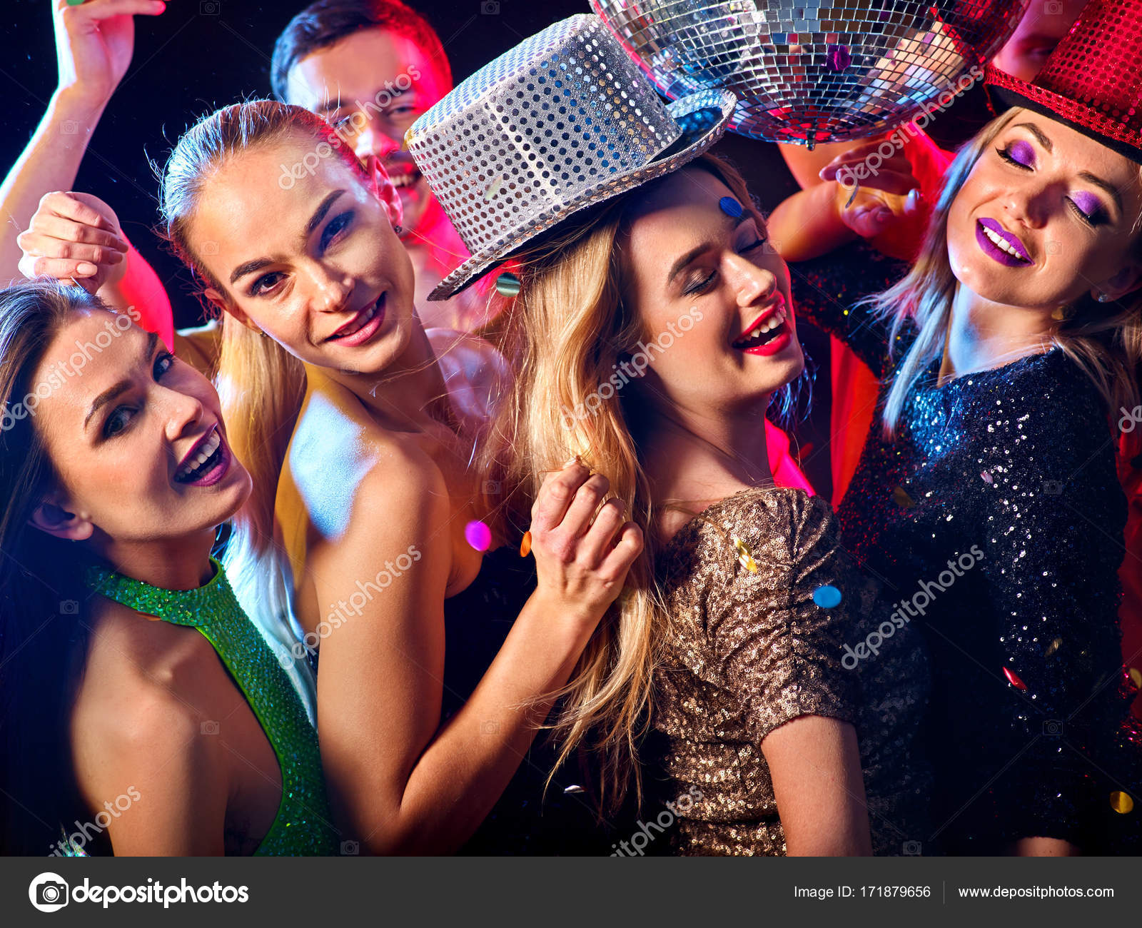 Dance party with group people dancing and disco ball. Stock Photo by ...