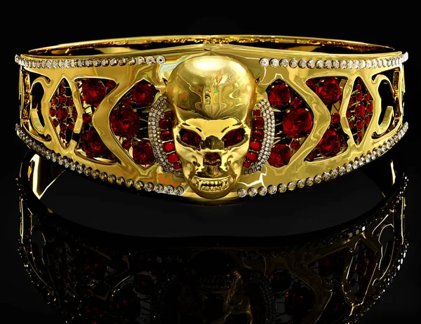Bijoux bracelet crâne en or avec diamant et pierres précieuses rubis rouge . — Photo