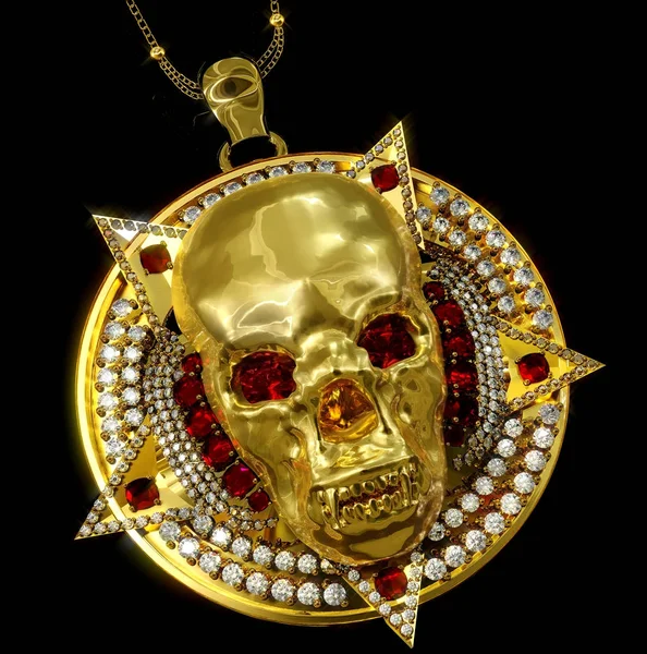 Smycken guld skallen hängande med stjärna pentagram diamant — Stockfoto