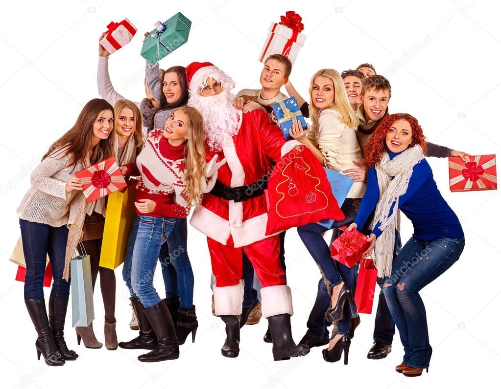 Christmas friends women , men with shopping bag and gift box.