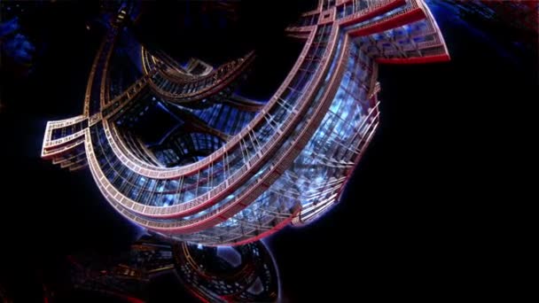 3D fraktalna przyszłego miasta. Statek kosmiczny z elementów metalowych . — Wideo stockowe