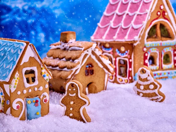 Weihnachtsbaum mit Lebkuchen und süßen Häusern. — Stockfoto