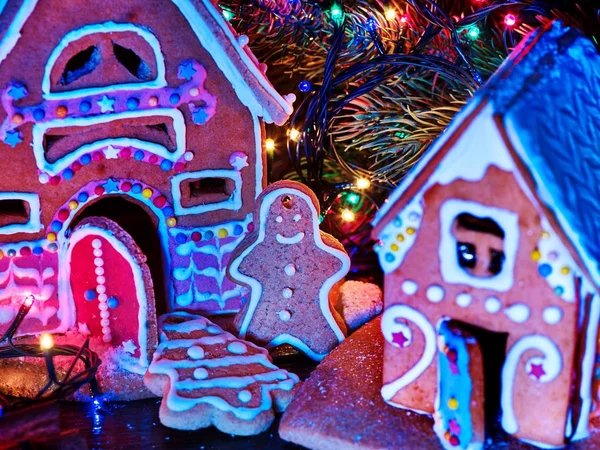 Casas de pão de gengibre com guirlanda de Natal . — Fotografia de Stock