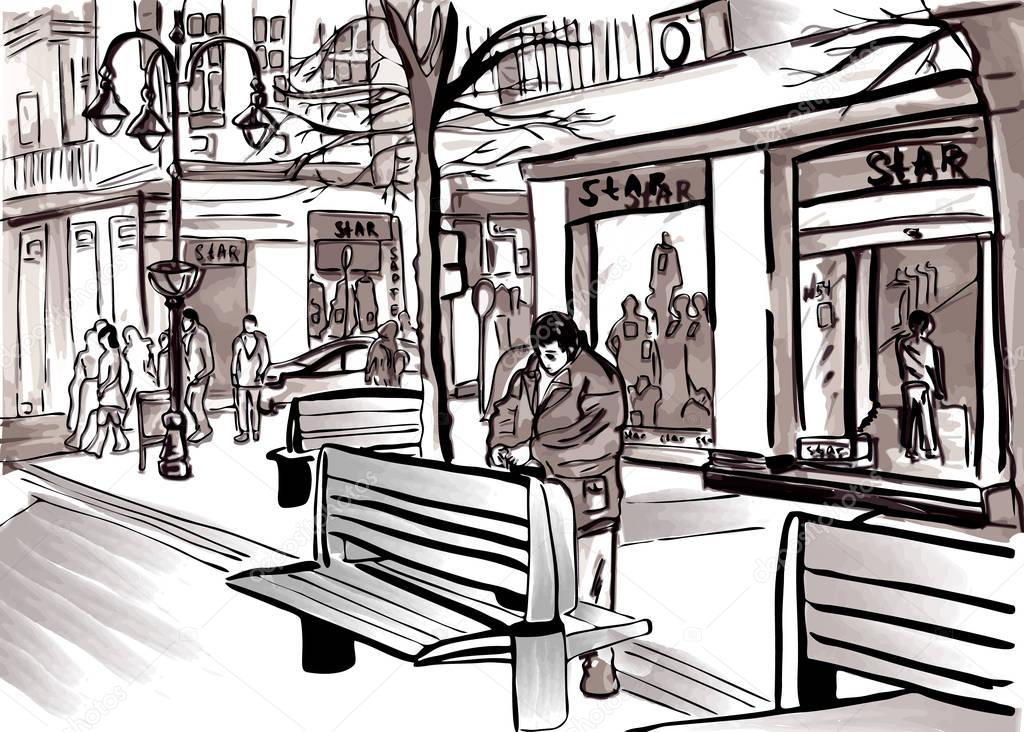 City sketch vector by pedestrian street life big town.
