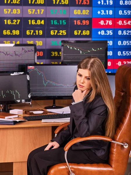 Troca de valores. comerciante mulher sentado mesa cercada por monitores . — Fotografia de Stock