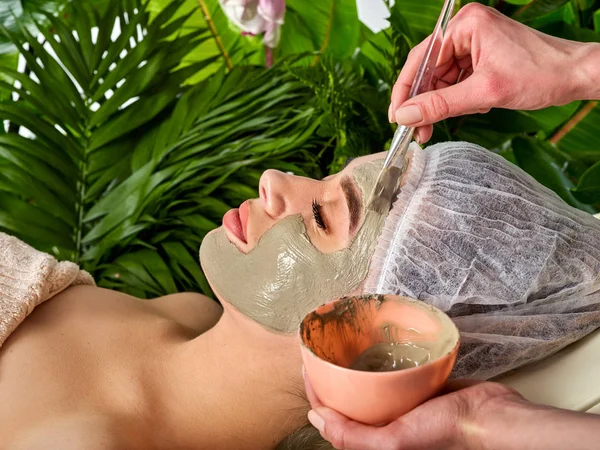 Mud facial mask of woman in spa salon. Face procedure . — Stock Photo, Image
