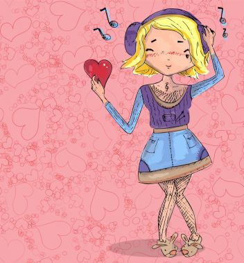 Kız doodle sorunsuz elle çizilmiş yürekten aşık.