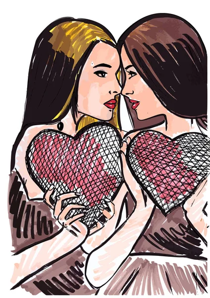 Bosquejo en el amor día de San Valentín lesbianas mujeres con corazón  . — Vector de stock