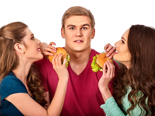 Hamburguesa de grupo de comida rápida con jamón en las manos de la gente  . — Foto de Stock