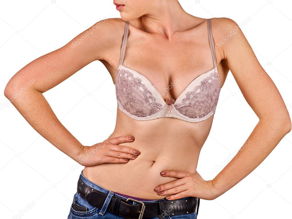 Breast self exam of women. Woman touch bra.