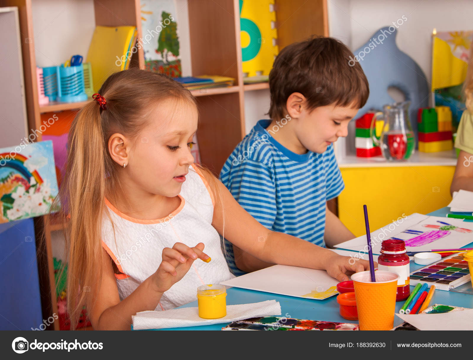 Small Students Girl And Boy Painting In Art School Class Stock Photo By C Poznyakov