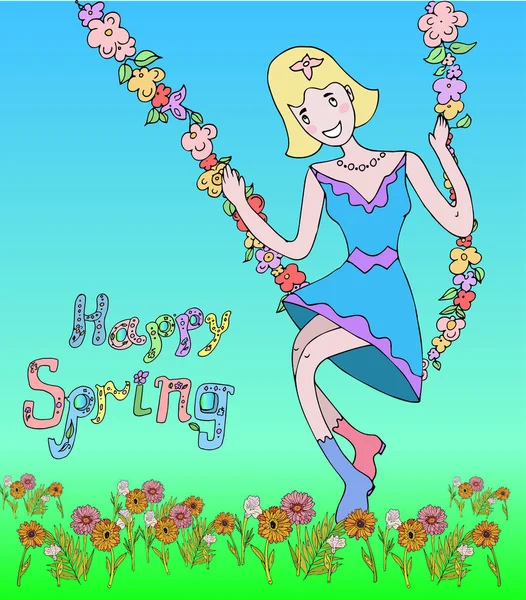 Muchacha de primavera con flores swing. Ilustración infantil para gráficos . — Archivo Imágenes Vectoriales