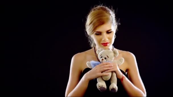 Woman hug soft bear toy. Childhoods memories gone idea — ストック動画