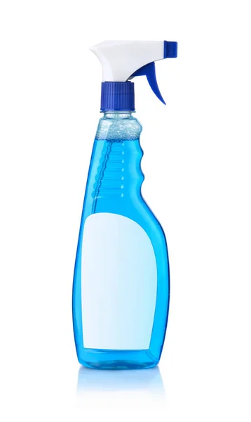 Botella limpiadora de vidrio azul con etiqueta en blanco —  Fotos de Stock