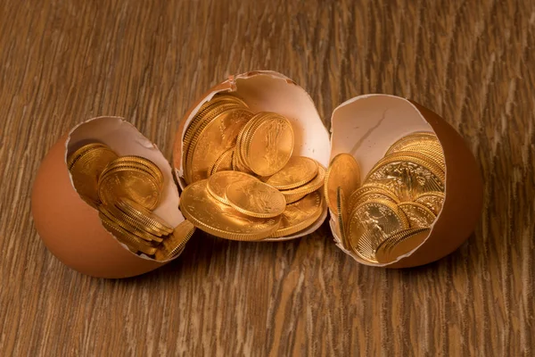 Pure gold coins in egg shell illustrating nest egg