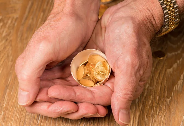 Moedas de ouro puro em casca de ovo ilustrando ninho de ovo — Fotografia de Stock