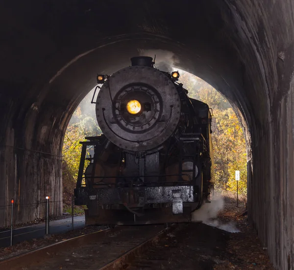 蒸汽机车进入隧道 — 图库照片