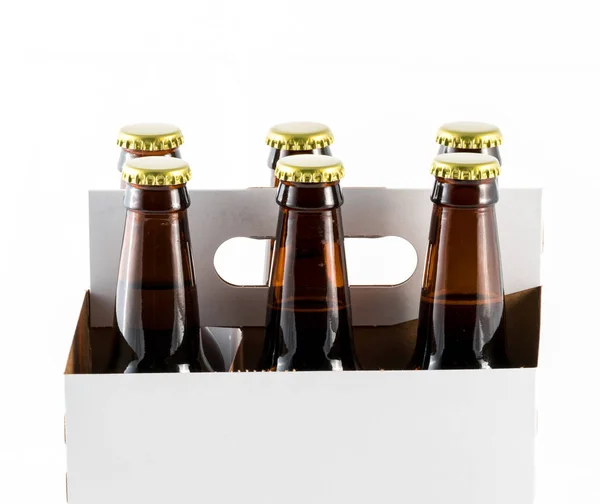 Six bottles of beer in cardboard carrier — Stock Photo, Image