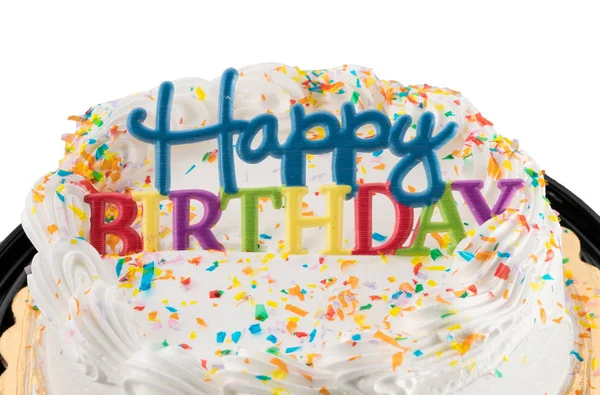 Happy Birthday Schild auf weißem Eiskuchen — Stockfoto
