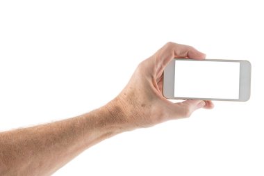 Erkek sol el smartphone boş ekran ile tutarak